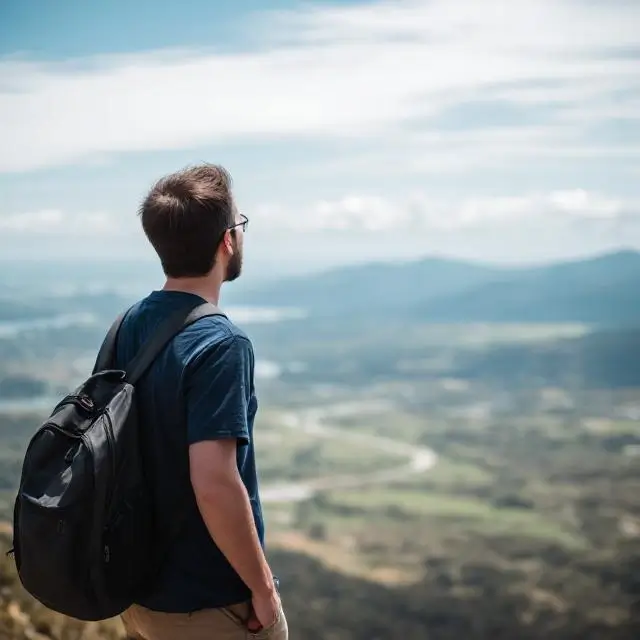 A person looking towards a scenic horizon