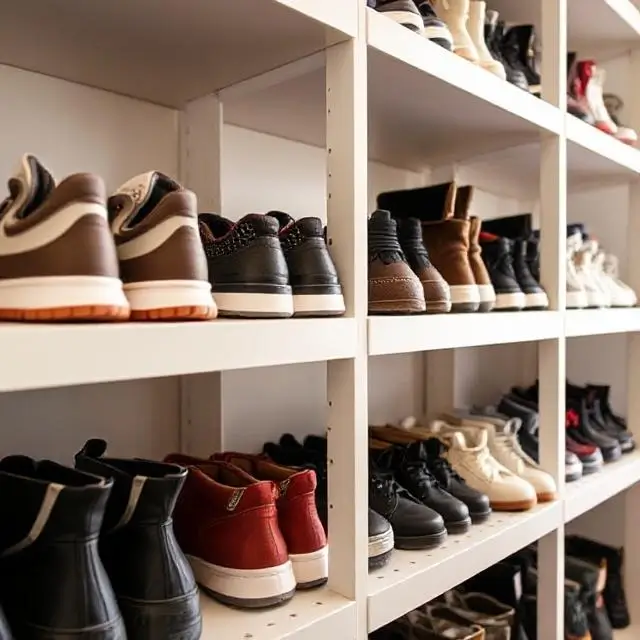 Shoe lasts organized on shelves