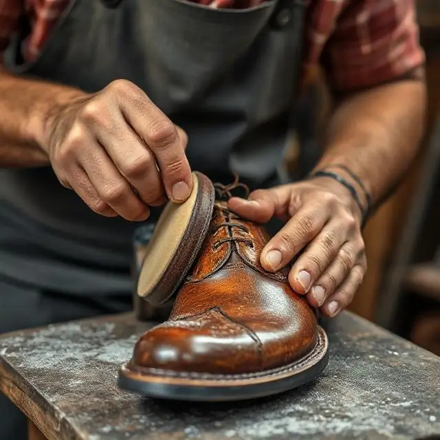 An artisan polishing a finished shoe